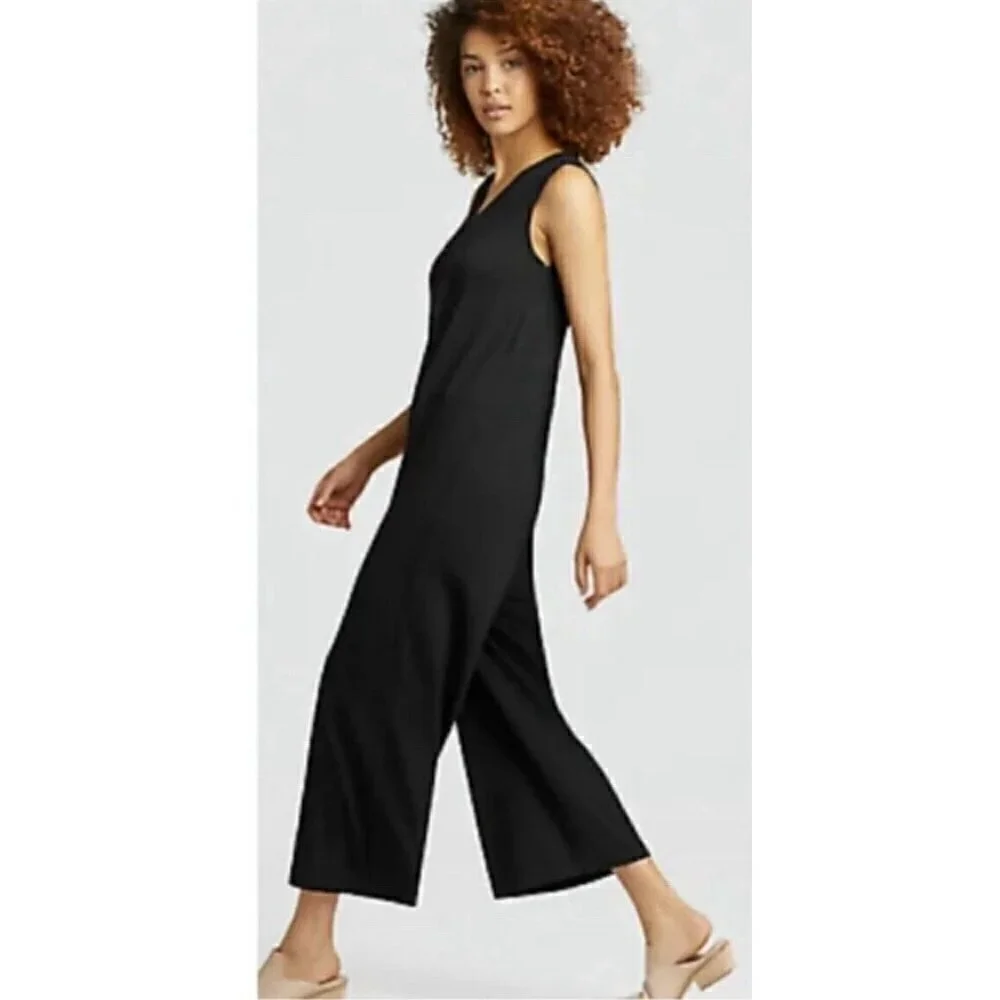 Eileen Fisher Womens Jumpsuit XXS Black Stretch V-neck Wide Leg Crop Minimalist